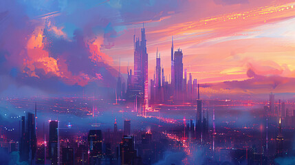 A futuristic cityscape at sunset with the sky ablaze - obrazy, fototapety, plakaty