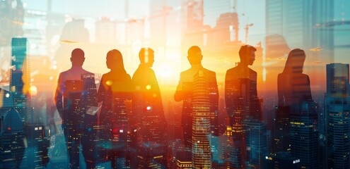 Double exposure of business people in silhouettes and a cityscape background, symbolizing corporate development and teamwork. 