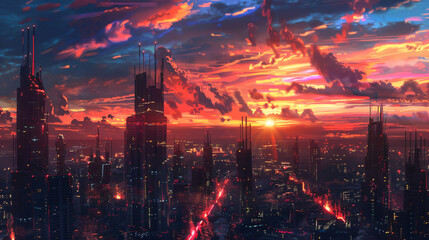 A futuristic cityscape at sunset with the sky ablaze