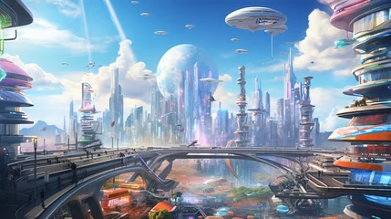 Dekokissen A futuristic cityscape with holographic advertisements © franklin