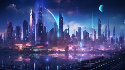 Kussenhoes A futuristic cityscape with neon lights and holographi © franklin