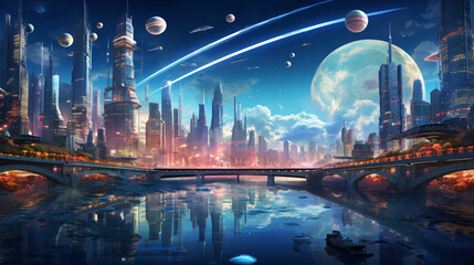 A futuristic cityscape with holographic displays and f