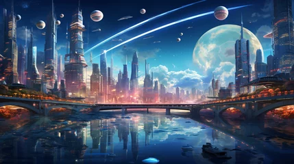 Foto op Canvas A futuristic cityscape with holographic displays and f © franklin