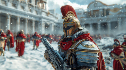 Fototapeta na wymiar Roman soldier in ornate armor during snowfall