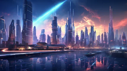 Tuinposter A futuristic cityscape with neon lights and holographi © franklin