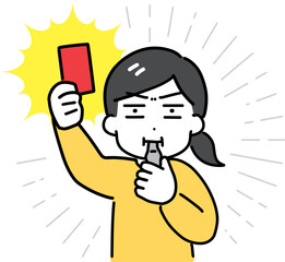 レッドカードを出す私服の若い女性(上半身)