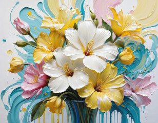 3D painting combine of paint flower and 3D realistic ceramics effects in one frame