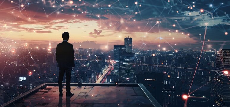Businessman standing on rooftop with smart city technology network and digital hologram, connection of information data in big cities background concept.

