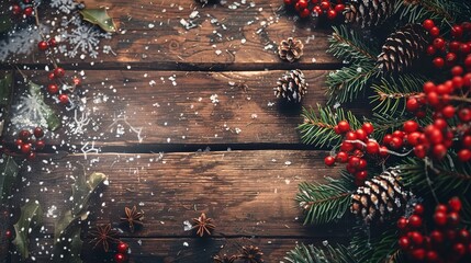 Christmas or New Year concept. Fresh pine branches, ripe rowan berries, snowflakes and pine cones. - obrazy, fototapety, plakaty