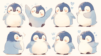 Obraz premium Adorable illustration captures a content cartoon penguin with rosy cheeks surrounded by a gentle flurry of snowflakes on white background