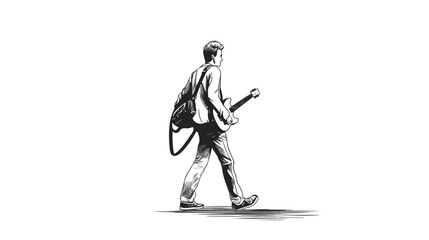 Man standing with guitar case on his background  one line