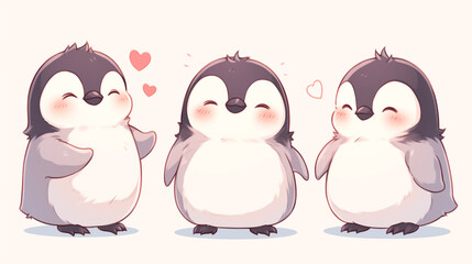 Fototapeta premium Adorable illustration captures a content cartoon penguin with rosy cheeks surrounded by a gentle flurry of snowflakes on white background