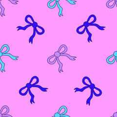 Colorful bow ribbon seamless pattern in doodle style. Hand drawn festive background with knots for party birthday fabric greeting card. Repeat vector illustration