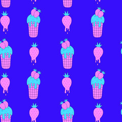Strawberry ice cream seamless pattern colorful doodle. Funky melting sweet food background in 90s y2k style. Hand drawn outline dessert sprinkle drops repeat vector illustration. Vibrant color.