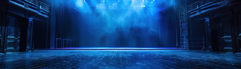 An empty stage awaits bathed in dramatic blue spotlighting - obrazy, fototapety, plakaty