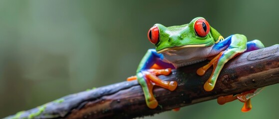 The vivid colors of a red-eyed tree frog perched on a branch - obrazy, fototapety, plakaty