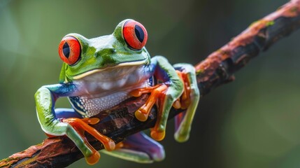 The vivid colors of a red-eyed tree frog perched on a branch - obrazy, fototapety, plakaty