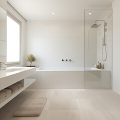 Modern bathroom interior with large bathtub, glass shower enclosure, and single sink vanity.