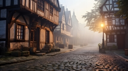 The old houses and lanterns in the medieval street create an atmosphere of the past, where time...