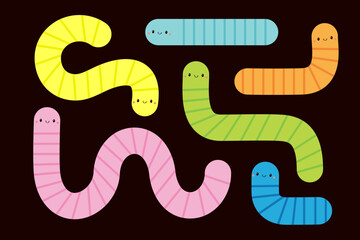 Colorful bright earthworm icon set. Worm insect. Cartoon funny kawaii baby animal character. Cute crawling bug collection. Smiling face. Geometric line shape. Flat design. Black background. Vector - 763789343