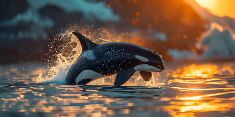 Orca breaching at sunset with splash. Wildlife photography with warm light. Marine mammal in natural habitat concept for poster, banner