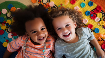 Two Joyful Toddlers Laughing Together on a Vibrant Play Mat, Top View of a Cherished Moment in Childhood Friendship