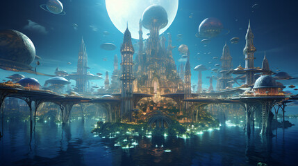 A futuristic underwater city with domed structures