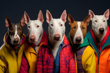 Gang family of bull terrier dog in vibrant bright fashionable outfits, commercial, editorial advertisement, surreal surrealism. Group shot.	
 - obrazy, fototapety, plakaty