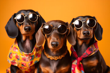 Gang family of dachshund dog in vibrant bright fashionable outfits, commercial, editorial advertisement, surreal surrealism. Group shot.	
