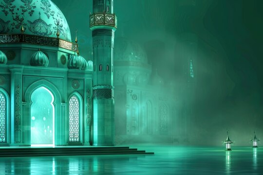 Islamic background for a mosque in green, a background for Ramadan. Social media posts .Muslim Holy Month Ramadan Kareem .Ramadan Mubarak beautiful greeting card and copy space - generative ai