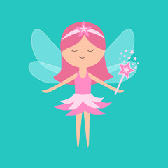Fairy little princess with wings. Pink flower dress. Flying fairies. Cute cartoon kawaii funny magic character. Paper doll. Hair decoration, magic wand. Flat design. Green background. Isolated. Vector - 763790576