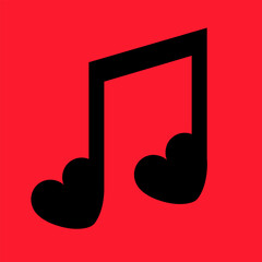 Music note icon. Heart shape sign symbol. Black silhouette. Song, melody or tune. Love greeting card, banner, invitation template. Happy Valentines Day. Flat design. Red background. Isolated. Vector - 763790744