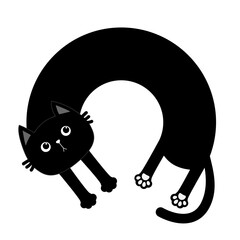 Cute round circle shape laying kitten. Kawaii chilling black kitty head face, paw print. Long body cat. Cartoon baby pet character. Happy Halloween. Flat design. White background. Vector illustration - 763790785