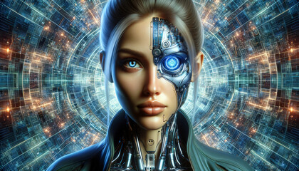 Photorealistic portrayal of a striking cyborg woman, showcasing her cybernetic eye within a complex digital landscape. - obrazy, fototapety, plakaty