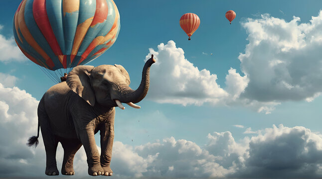Generative Ai Huge Elephant floating or flying with air balloon with 