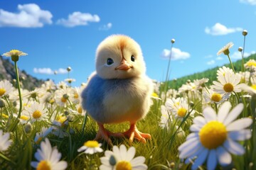 Five cute yellow chicks in colorful dandelion meadow