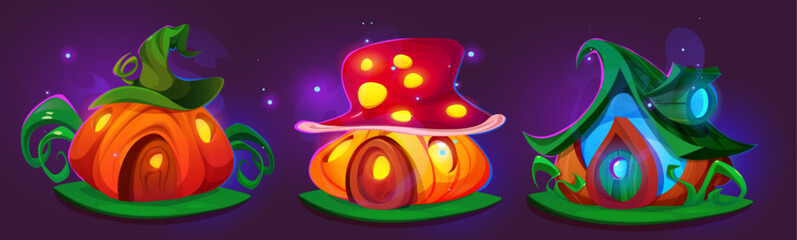 Set of fairytale dwarf houses isolated on background. Vector cartoon illustration of cute pumpkin and mushroom huts on green lawn with round wooden doors and neon light in windows, fantasy village