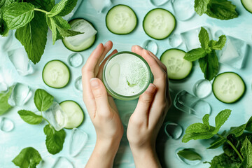  Cucumber Mint Cooler in Hands with Fresh Ingredients on Blue Background