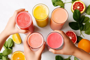Assortment of Fresh Fruit Smoothies in Hands on a Bright Background - obrazy, fototapety, plakaty