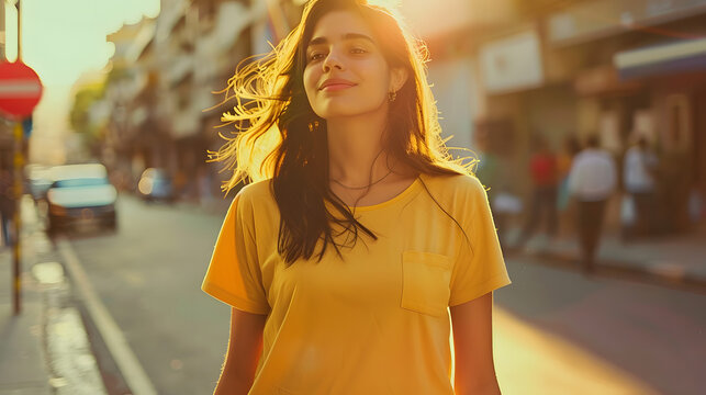  mockup featuring a stylish woman long hair wearing sunglasses, dressed in a trendy yellow t-shirt and jeans, confidently striding along a vibrant city street, exuding urban chic 
