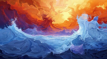 Sapphire and Sunset: Artistic Wave Fusion - obrazy, fototapety, plakaty