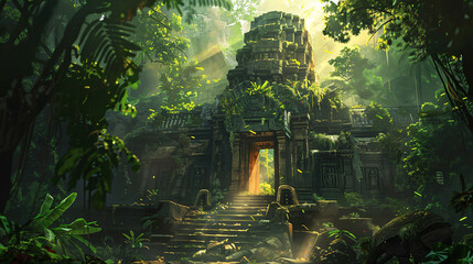 A hidden temple hidden within a dense jungle