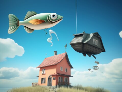 Create a captivating long shot image delving into surreal dreams, combining whimsical elements like flying fish and upside-down houses Captivate viewers with a dreamlike landscape that defies logic