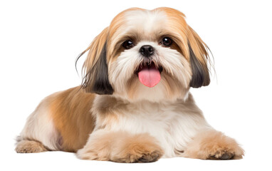 Small Brown and White Dog Laying Down. On a White or Clear Surface PNG Transparent Background.