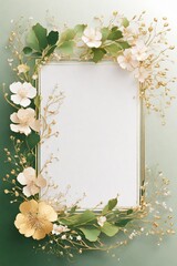 Wedding invitation card, Golden frame with cherry blossom on green background. top view.