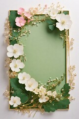 Wedding invitation card, Golden frame with cherry blossom on green background. top view.