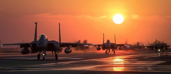 fighter jet planes are at the airport at sunset