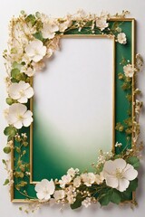 Wedding invitation card, Golden frame with cherry blossom on green background. top view.