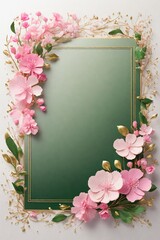Wedding invitation card, Golden frame with cherry blossom on green background. top view.