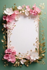 Wedding invitation card, Golden frame with cherry blossom on green background. top view.